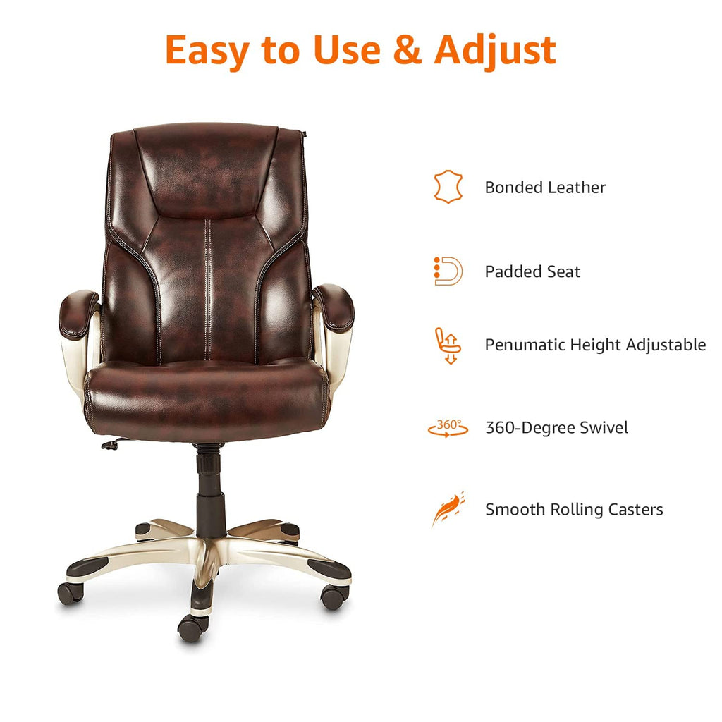 Executive High Back Office Chair, Adjustable Height, Tilt, Swivel, Padded Armrests, Brown/Gold
