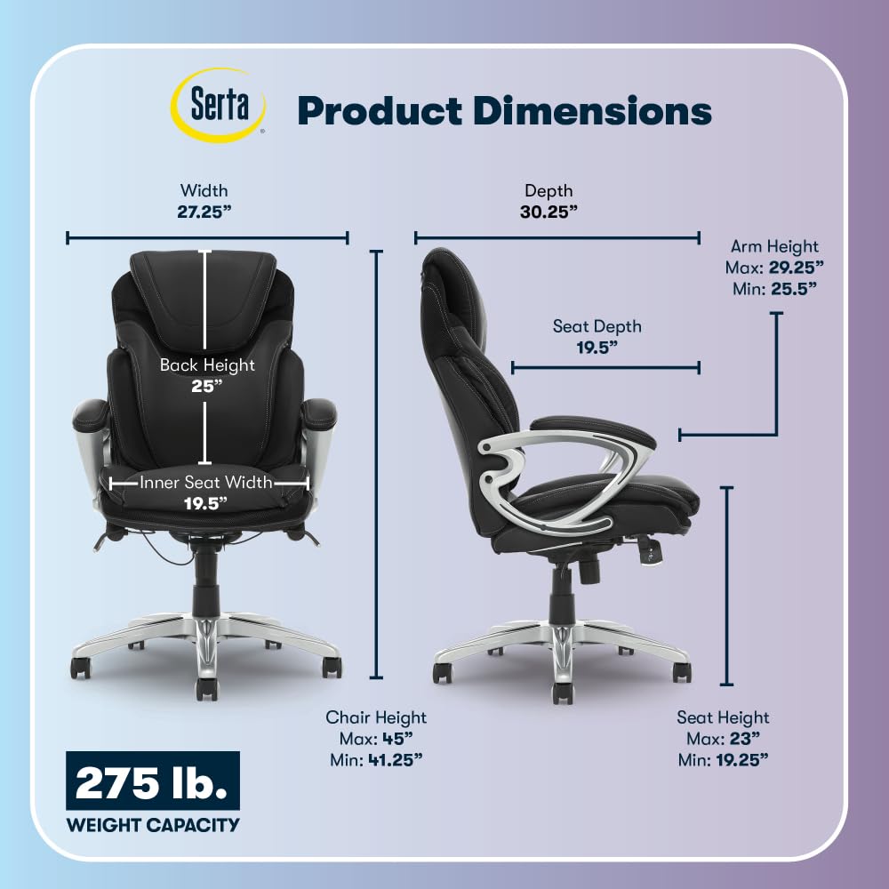 Executive Office Chair, Ergonomic Computer Desk Chairs with Patented AIR Lumbar Support, Comfy Body Pillows, Height Adjustable, Swivel Base with Wheels, Bonded Leather, Black