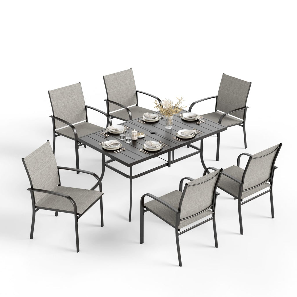 7 PCS Patio Dining Set, All-Weather Outdoor Table Chairs Set, 6 x Patio Dining Chairs, Rectangular Metal Table with Umbrella Hole for Yard Garden Porch Deck (Brown)