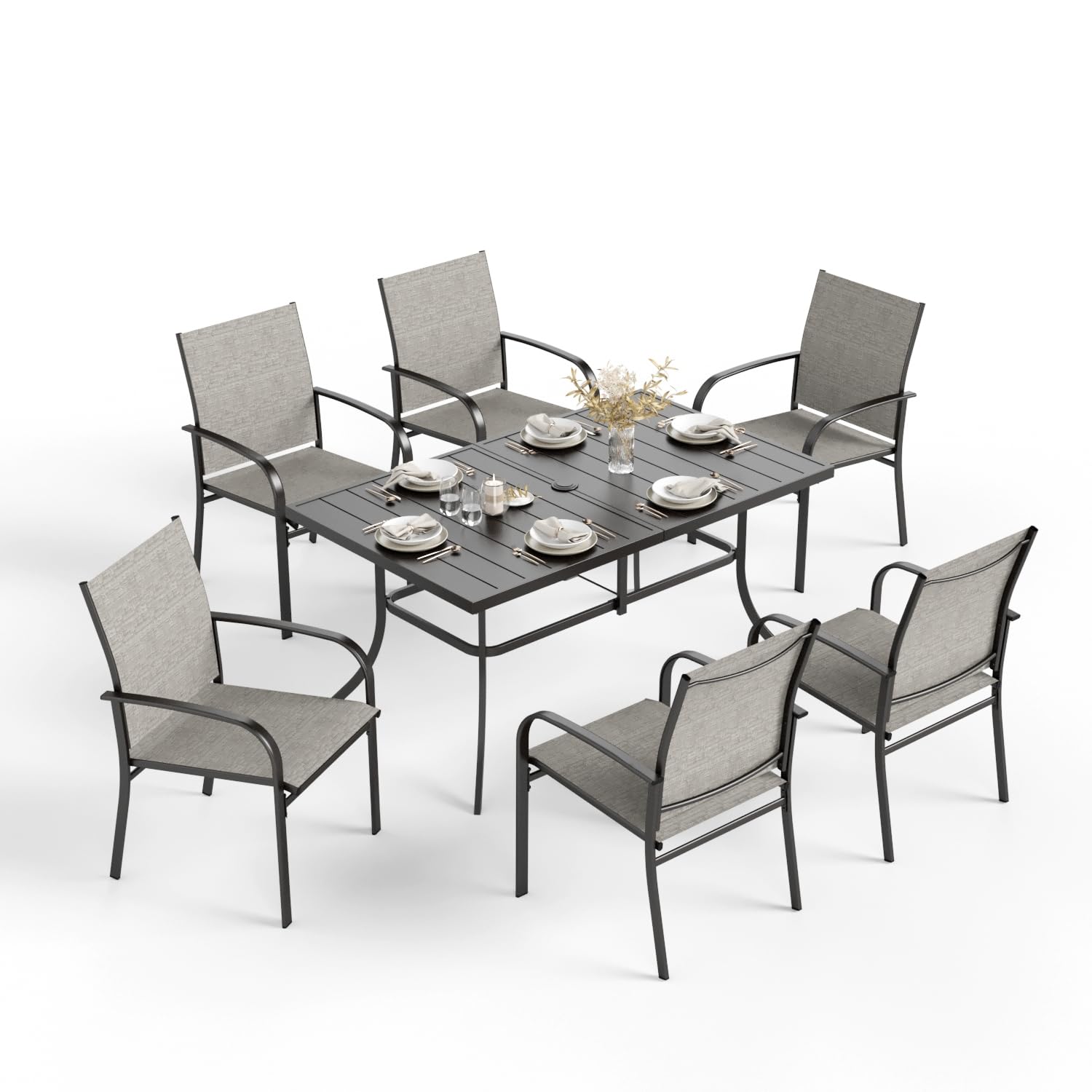 7 PCS Patio Dining Set, All-Weather Outdoor Table Chairs Set, 6 x Patio Dining Chairs, Rectangular Metal Table with Umbrella Hole for Yard Garden Porch Deck (Brown)