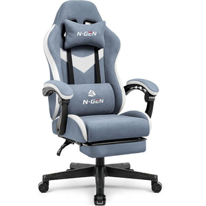 Video Gaming Chair with Footrest Lumbar Support for Home Office High Back Recliner Height Adjustable Ergonomic Comfy Fabric Computer Desk Chair (Blue)