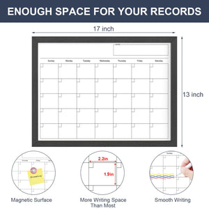 Dry Erase Calendar for Wall, 17x13 Inches Calendar Whiteboard for Wall, Small Magnetic Monthly White Board with Wood Framed, Hanging Dry Erase Board for Kitchen Home Office School Planner