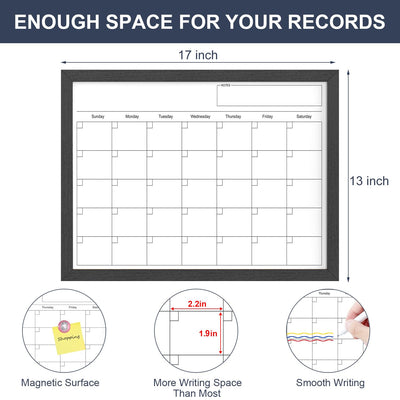 Dry Erase Calendar for Wall, 17x13 Inches Calendar Whiteboard for Wall, Small Magnetic Monthly White Board with Wood Framed, Hanging Dry Erase Board for Kitchen Home Office School Planner