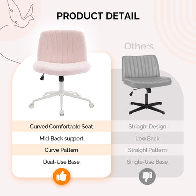 Criss Cross Legged Chair,Wide Comfy Office Desk Chair,Dual-Use with/no Wheels Computer Task Chair,Swivel Armless Vanity Boucle Chair for Study,Make Up,Home Office,Teddy Fleece,Pink