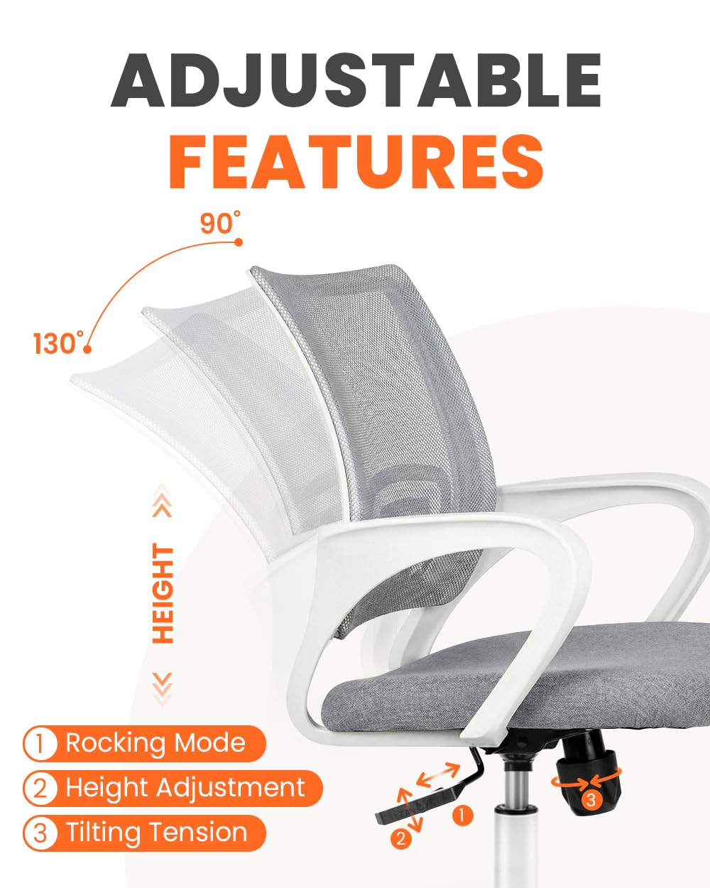 Office Desk Computer Chair Ergonomic Mesh Gaming Cushion Seat with Comfy Lumbar Mid Back Support Adjustable Height Swivel Rolling Wheels for Home Task (Grey)