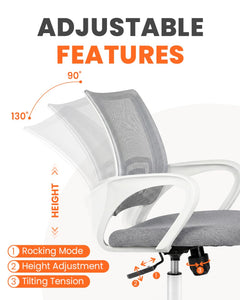 Office Desk Computer Chair Ergonomic Mesh Gaming Cushion Seat with Comfy Lumbar Mid Back Support Adjustable Height Swivel Rolling Wheels for Home Task (Grey)