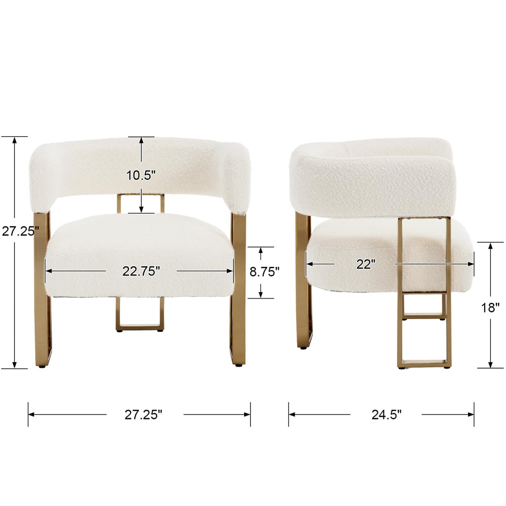 Modern Barrel Accent Chairs Set of 2, Boucle Fabric Living Room Chairs with Gold Metal Legs, Comfy Upholstered Single Sofa Armchair Side Chair for Lounge/Bedroom/Reading, White