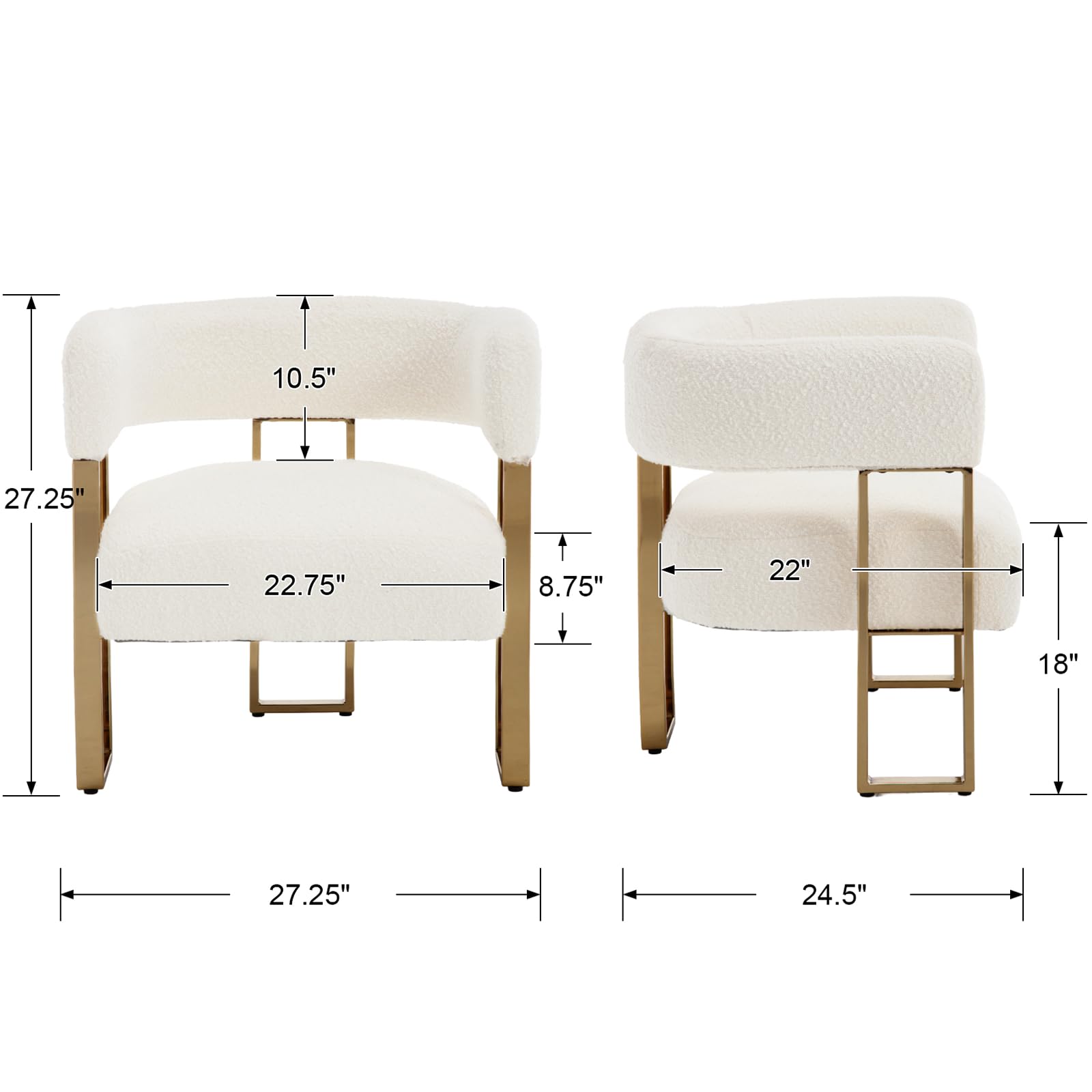 Modern Barrel Accent Chairs Set of 2, Boucle Fabric Living Room Chairs with Gold Metal Legs, Comfy Upholstered Single Sofa Armchair Side Chair for Lounge/Bedroom/Reading, White
