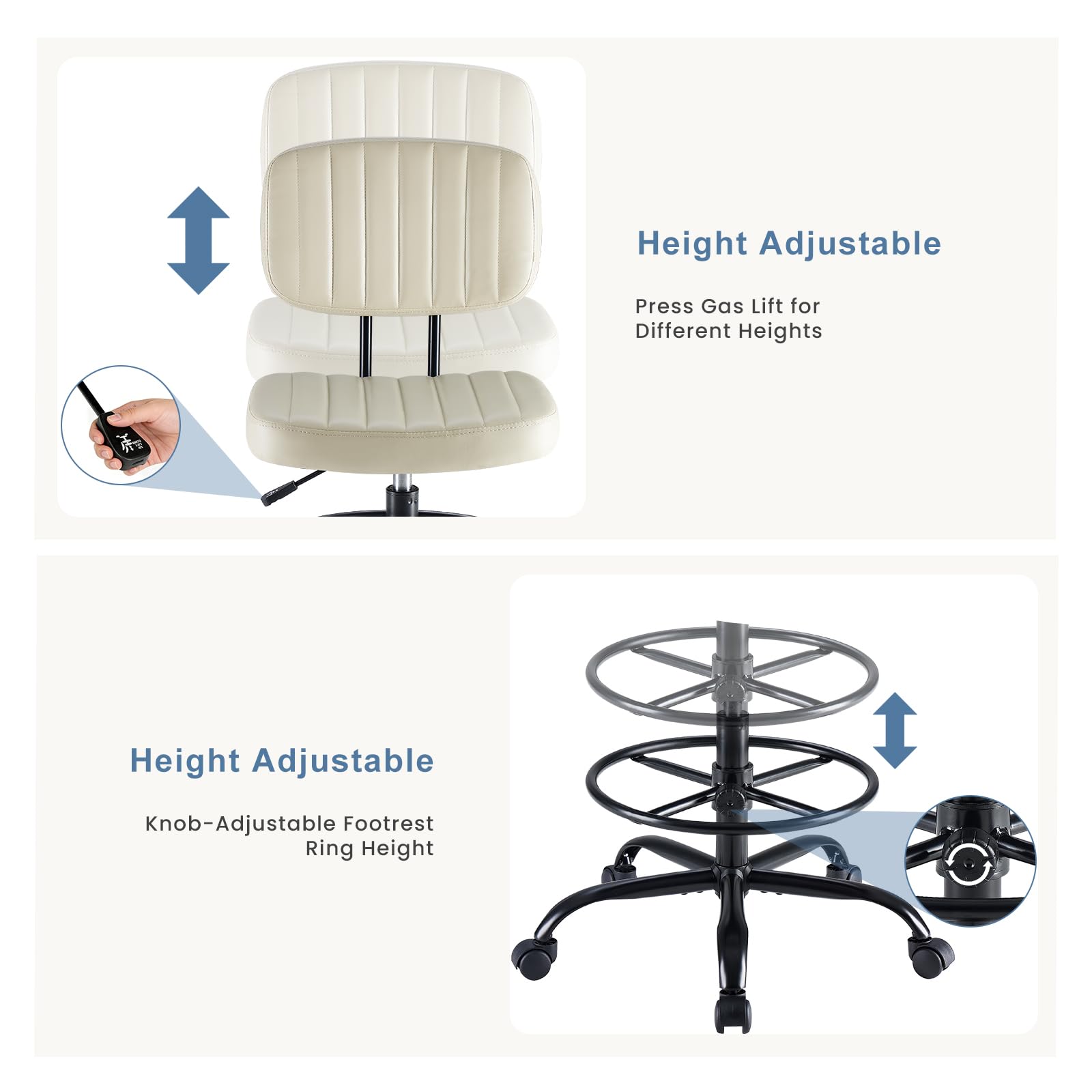 Armless Drafting Chair, Low Back Office Seat with Adjustable Footrest Ring for Standing Desk, Ergonomic PU Leather Office Seating, Swivel Rolling High Stool for Studio, Lab, Counter, Beige