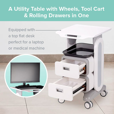 Professional Utility Cart with Wheels - Rolling Dental Office Cart with Drawers - Medical Trolley for Cavitation Machine, Esthetician Supplies, Lab Tools - Salon Trolley