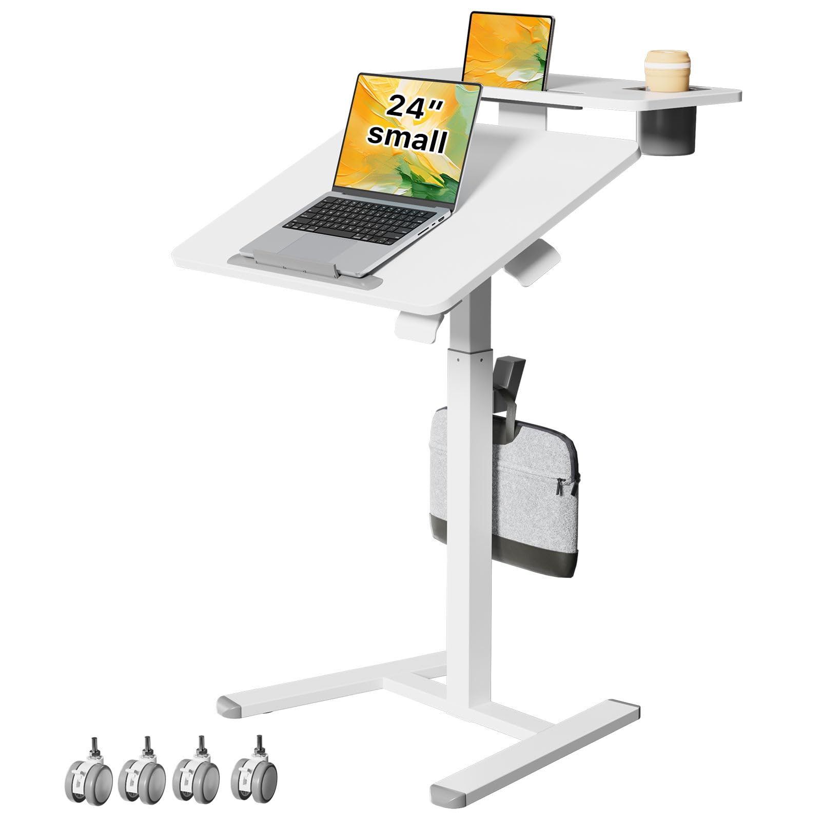 24Inch Rolling Standing Desk On Wheels， Mobile Laptop Stand with Tiltable Desktop， Smaller Computer Workstation Adjustable Height， 2-Tier Portable Study Table with Storage Shelves， White
