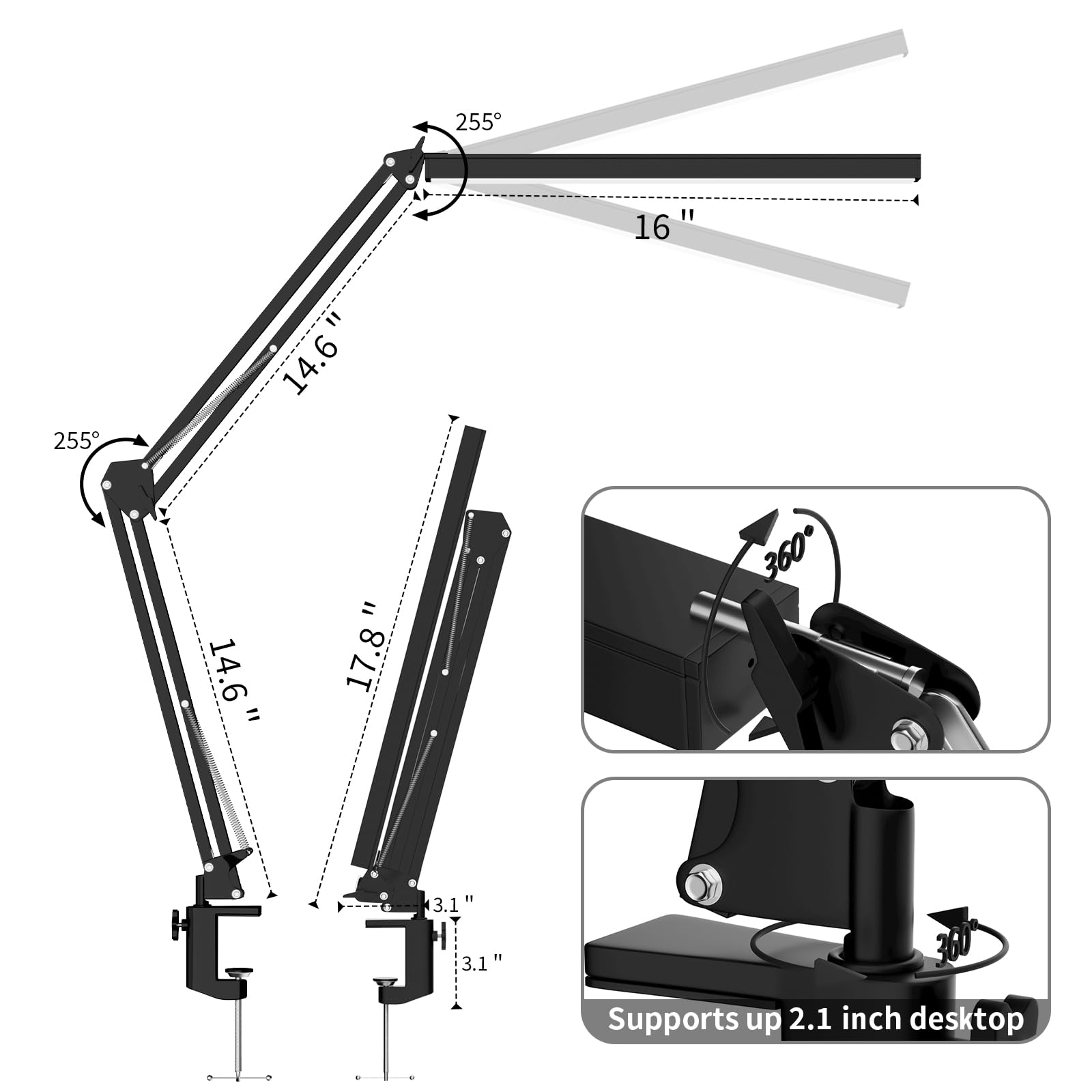 LED Desk Lamp, Manicure Table Lamp, Eye-Caring Drafting Light, Dimmable Office Table Lamp with 3 Color Modes, 10 Brightness Levels & Adapter, Memory Function(Black)