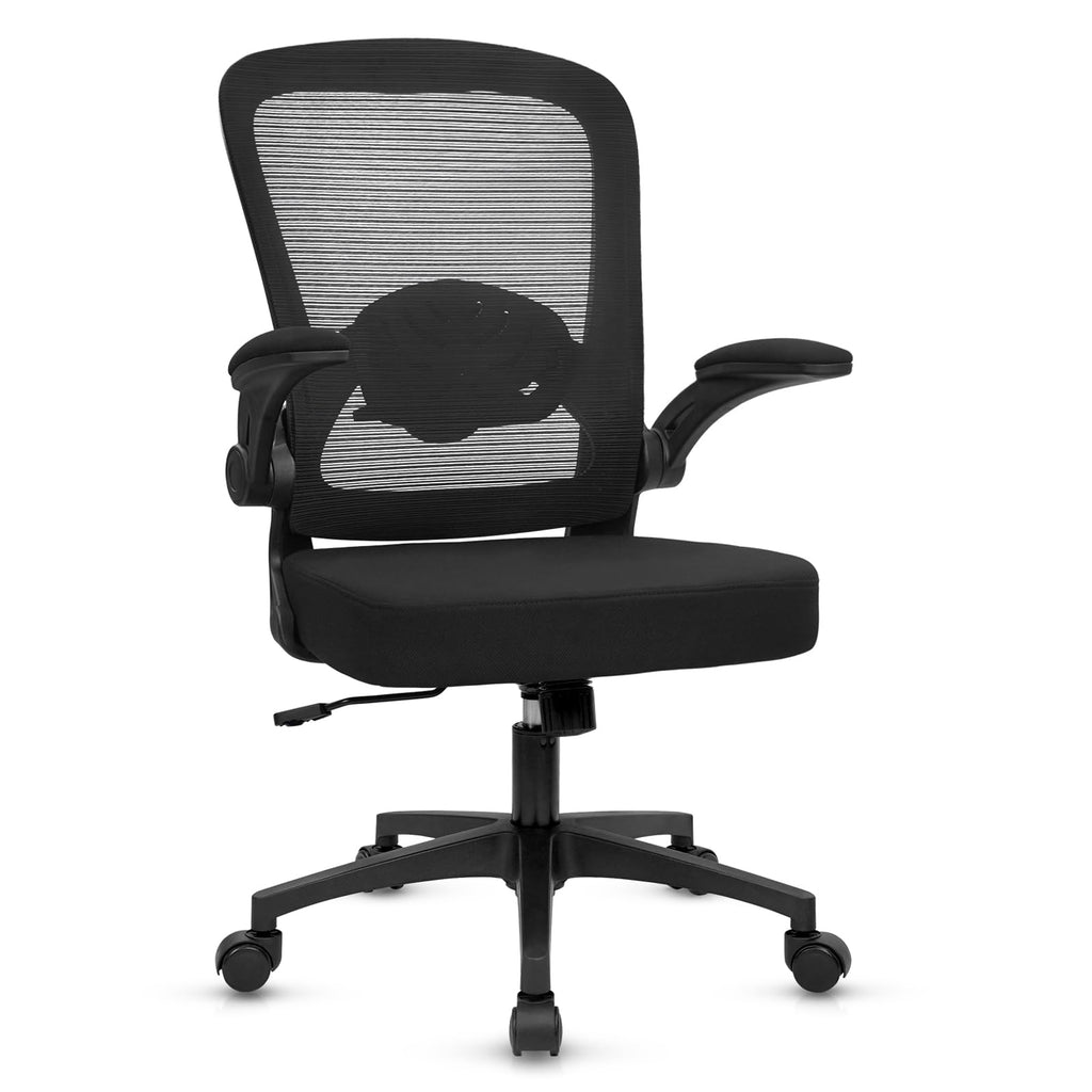 Home Office Desk Chair with Flip Up Armrests, Mesh Back Chair with Adjustable Height Lumbar Support, Ergonomic Computer Task Chair with Wheels for School, Conference, Black