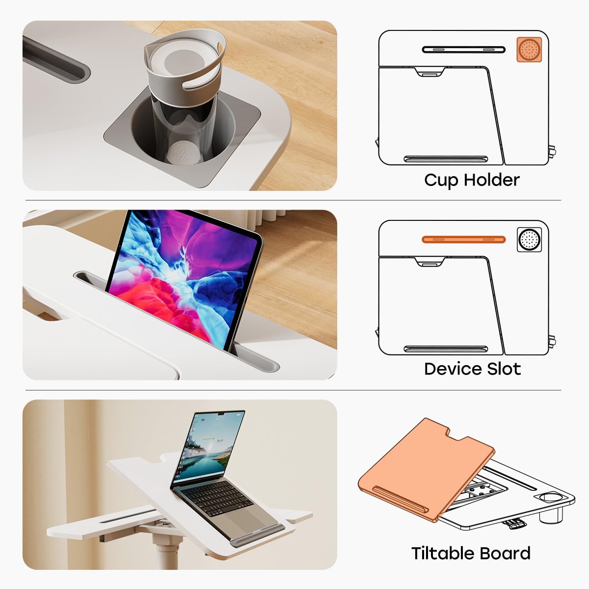 Mobile Standing Desk, Height Adjustable Table, 60° Tiltable Rolling Laptop Desk, Portable Sit Stand Desk with Wheels Cup Holder for Bed Couch School, Holds Up to 22lbs, White