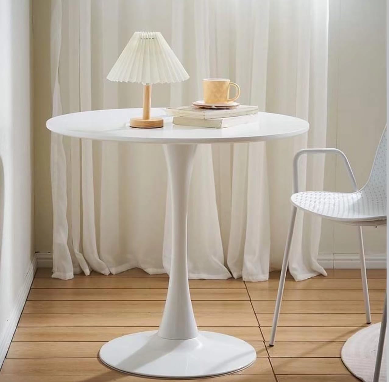 White Round Dining Table, 27.6" Tulip Table Kitchen Round Dining Table for 1-2 People with MDF Table Top and Metal Pedestal Base, Mid-Century Leisure Table for Home, Dining Room, Cafe