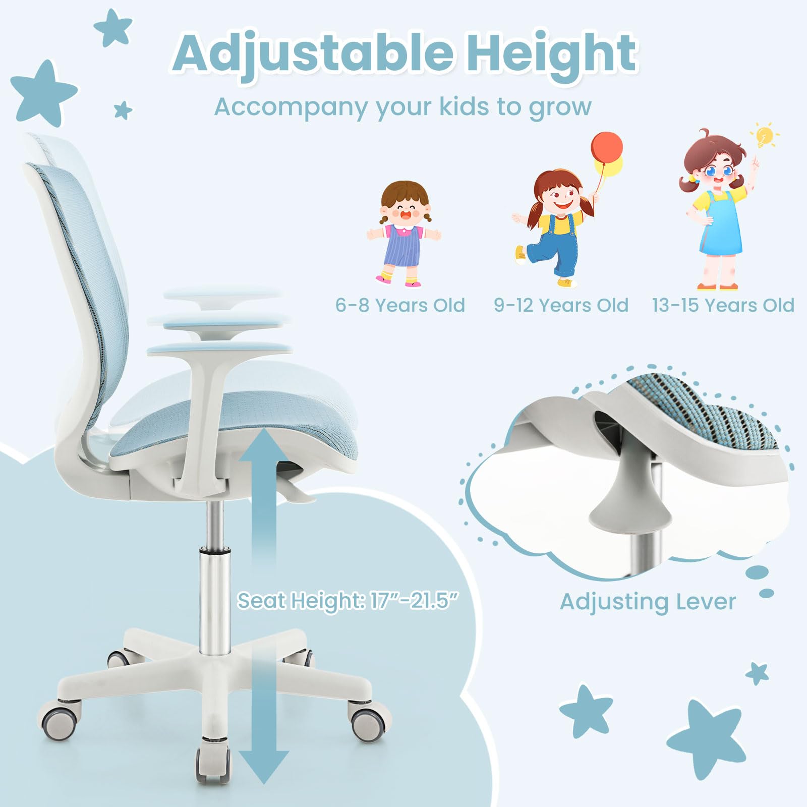 Kids Desk Chair, Height Adjustable Children Study Computer Chair with Armrests, Sit-Brake Casters, Swivel Mesh Task Chair for Boys Girls Teens Students, Kids Chair for Home, Office, School