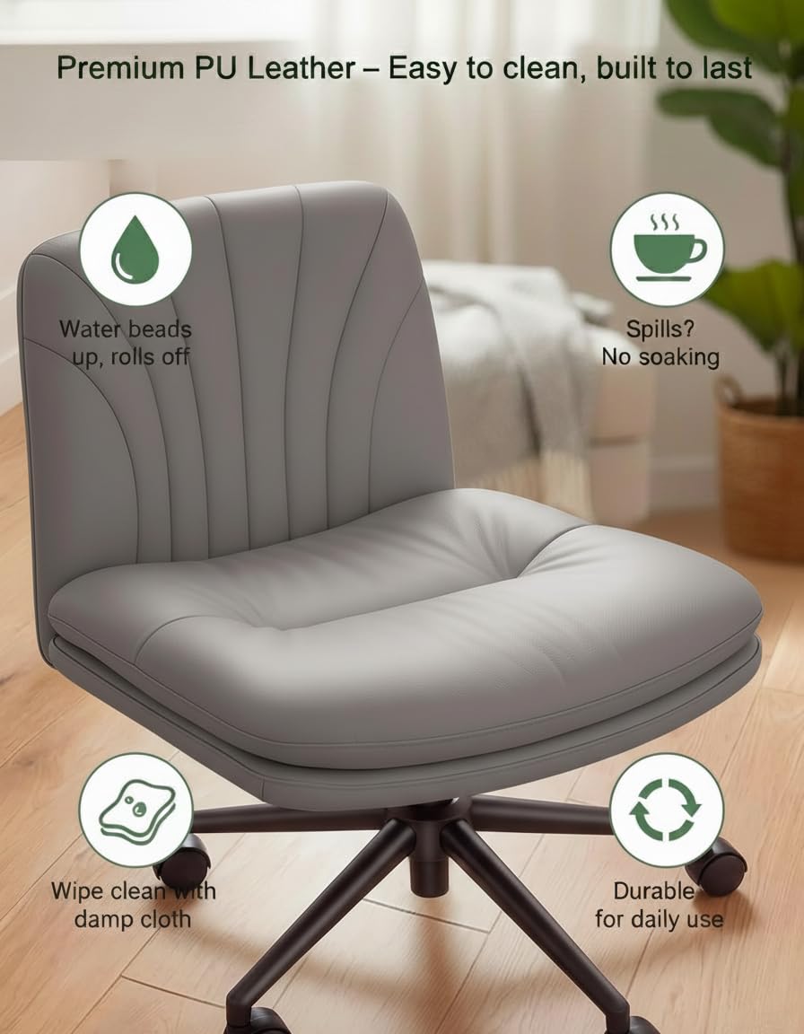 Criss Cross Office Chair with Wheels, Armless Wide Desk Chair for Active Sitting, PU Leather Cross Legged Chair for Home Office, Pet-Friendly & Easy Clean, Grey