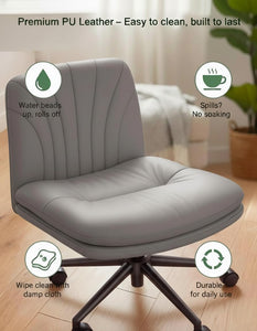 Criss Cross Office Chair with Wheels, Armless Wide Desk Chair for Active Sitting, PU Leather Cross Legged Chair for Home Office, Pet-Friendly & Easy Clean, Grey