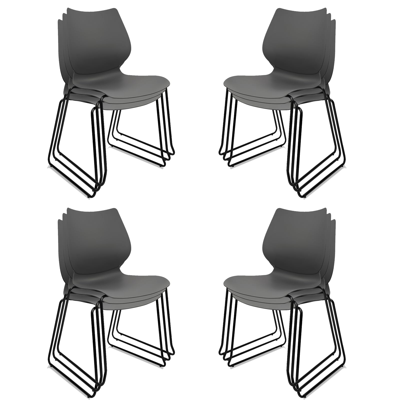 Set of 12, Grey, Stacking Waiting Room Chairs, Stacked Plastic Office Chair with Ergonomic Lumbar Support and Metal Legs for Conference School Church Guest Reception