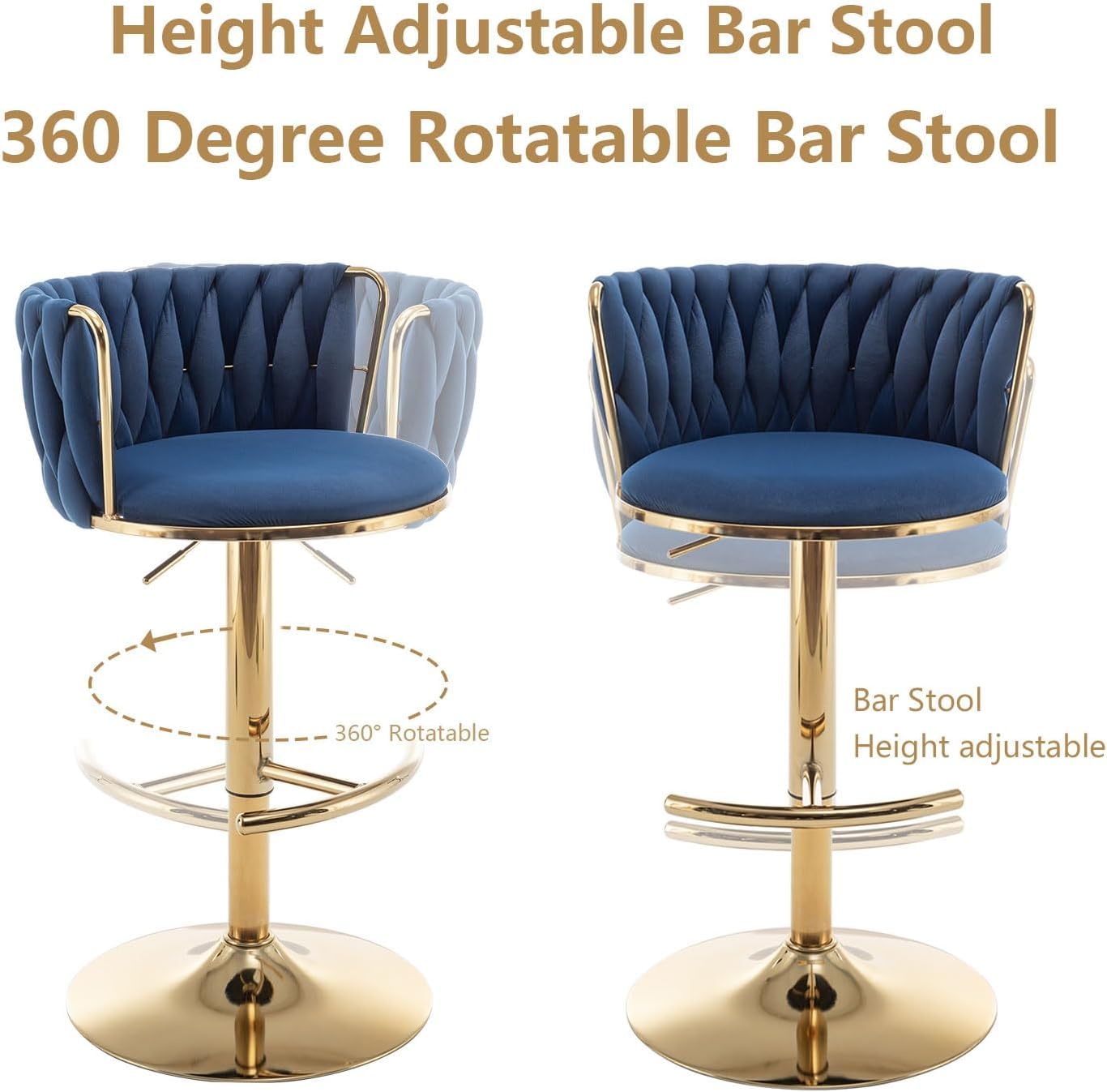 Gold Velvet Bar Stools Set of 3, Swivel Counter Height Bar Stools with Back, Adjustable Woven Barstools for Kitchen Island, Pub, Club (Blue)