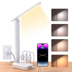 LED Small Desk Lamp Power Strip 5ft Extension Cord, 3 Outlets, 4 USB Ports(2 USB C), 4 Modes, 5 Level Touch- Home, Office, Bedroom, Bedside, Study Reading Light, Dorm Room Essentials, White
