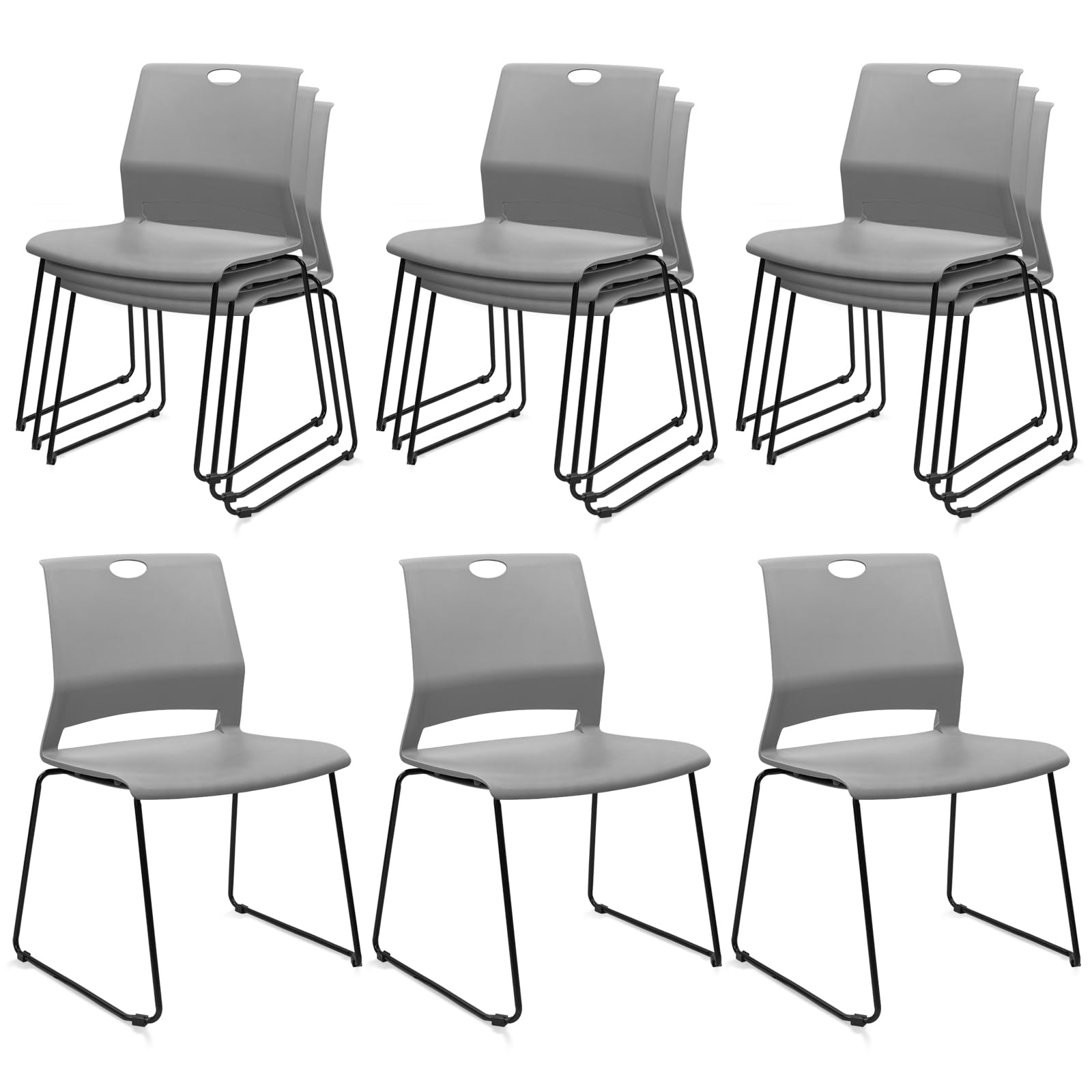 Set of 12, Gray, Stackable Guest Reception Chairs, Stacking Office Chair with Ergonomic Lumbar Support & Metal Legs, Plastic Desk Chairs for Conference School Church Waiting Meeting Break Room