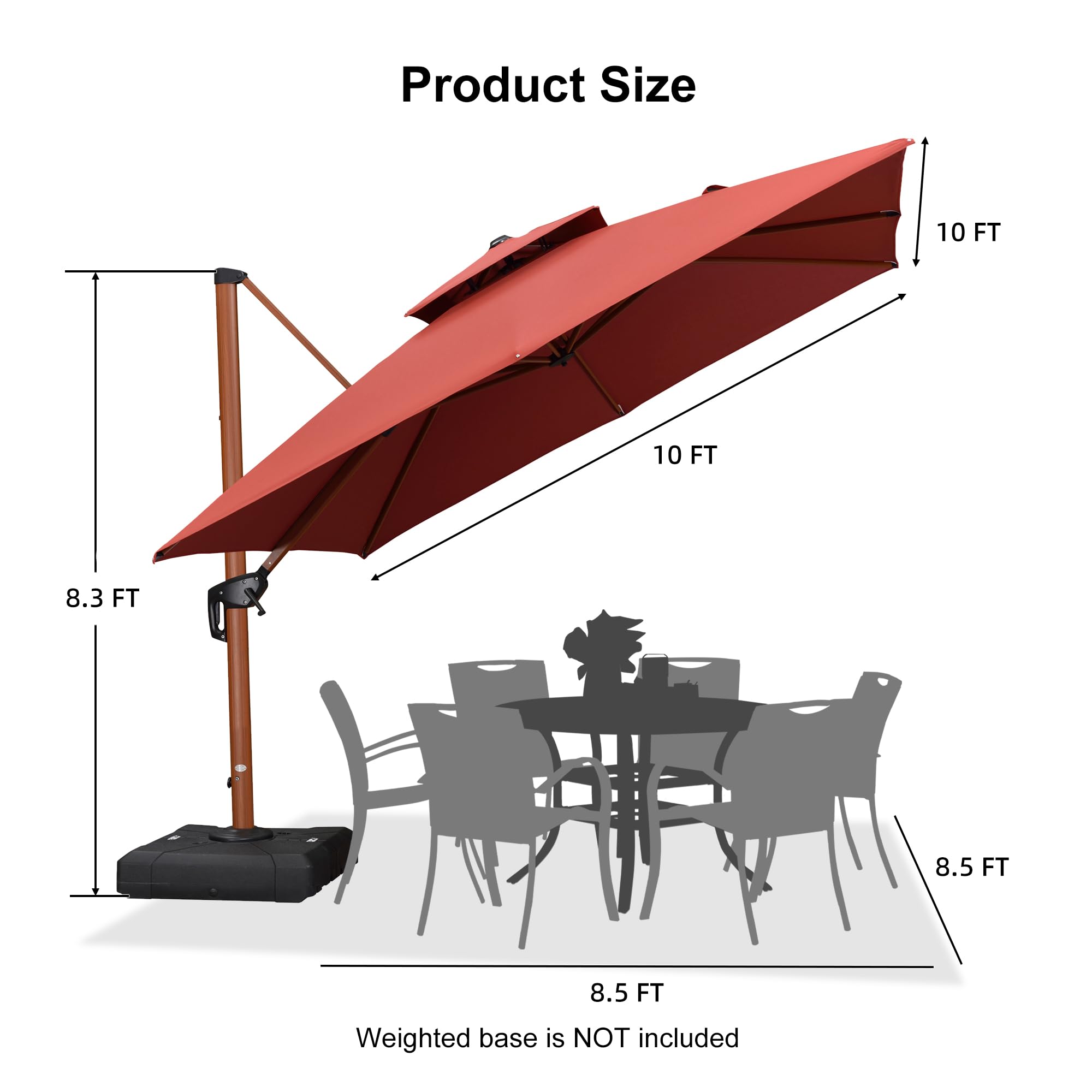 10ft Patio Umbrella Outdoor Square Umbrellas Large Cantilever Umbrella Windproof Offset Umbrellas Heavy Duty Sun Umbrella for Garden Deck Pool Patio, Brick Red