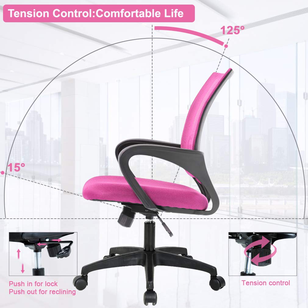 Ergonomic Office Chair | Mid-Back Swivel Desk Chair | Breathable Backrest & Lumbar Support | Adjustable Height | Sponge Seat | Rolling Wheels | Pink | for Adults & Women | Pack of 2