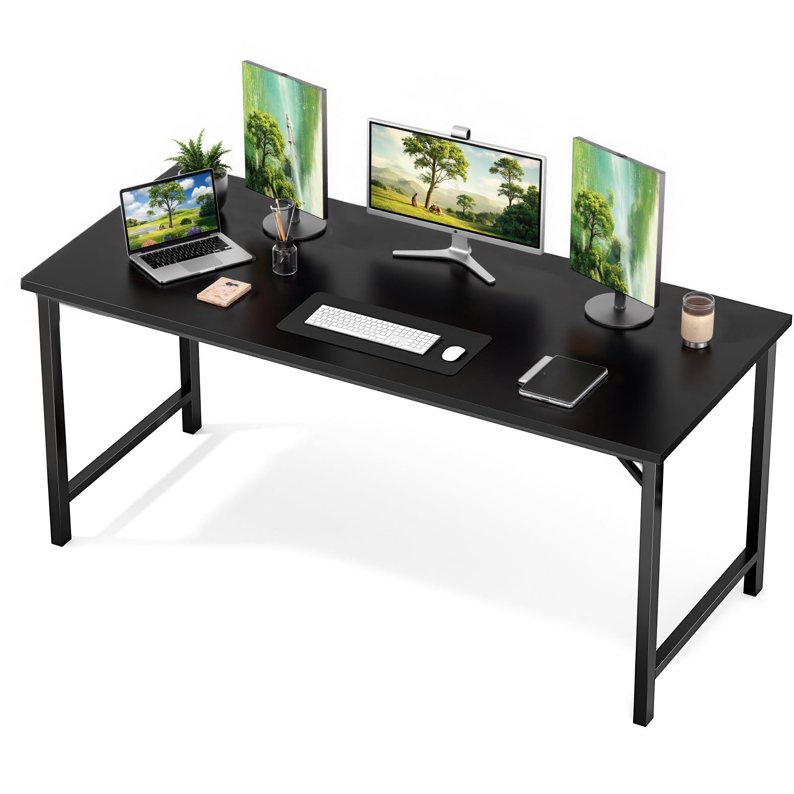 Small Computer Office Desk 63 Inch Student Study Writing Work with Metal Frame Wood Tabletop Modern Simple Home Bedroom PC Table Durable and Easy Assembly, Black