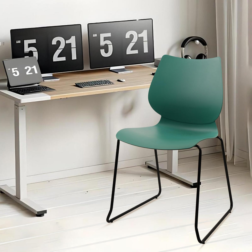 Set of 4, Green, Stackable Waiting Room Chair, Stacking Office Chair with Ergonomic Lumbar Support and Metal Legs, Plastic Desk Chairs for Conference School Church Guest Reception