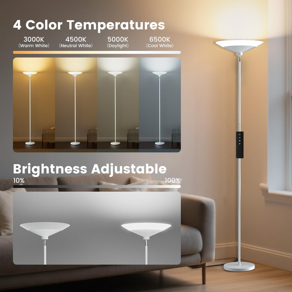 White Torchiere Floor Lamp - 30W Dimmable LED Standing Lamp with Remote/Button Control, 1800Lm, 3000-6500K, 72in Bright Standing Pole Light for Living Room Bedroom Office Corner