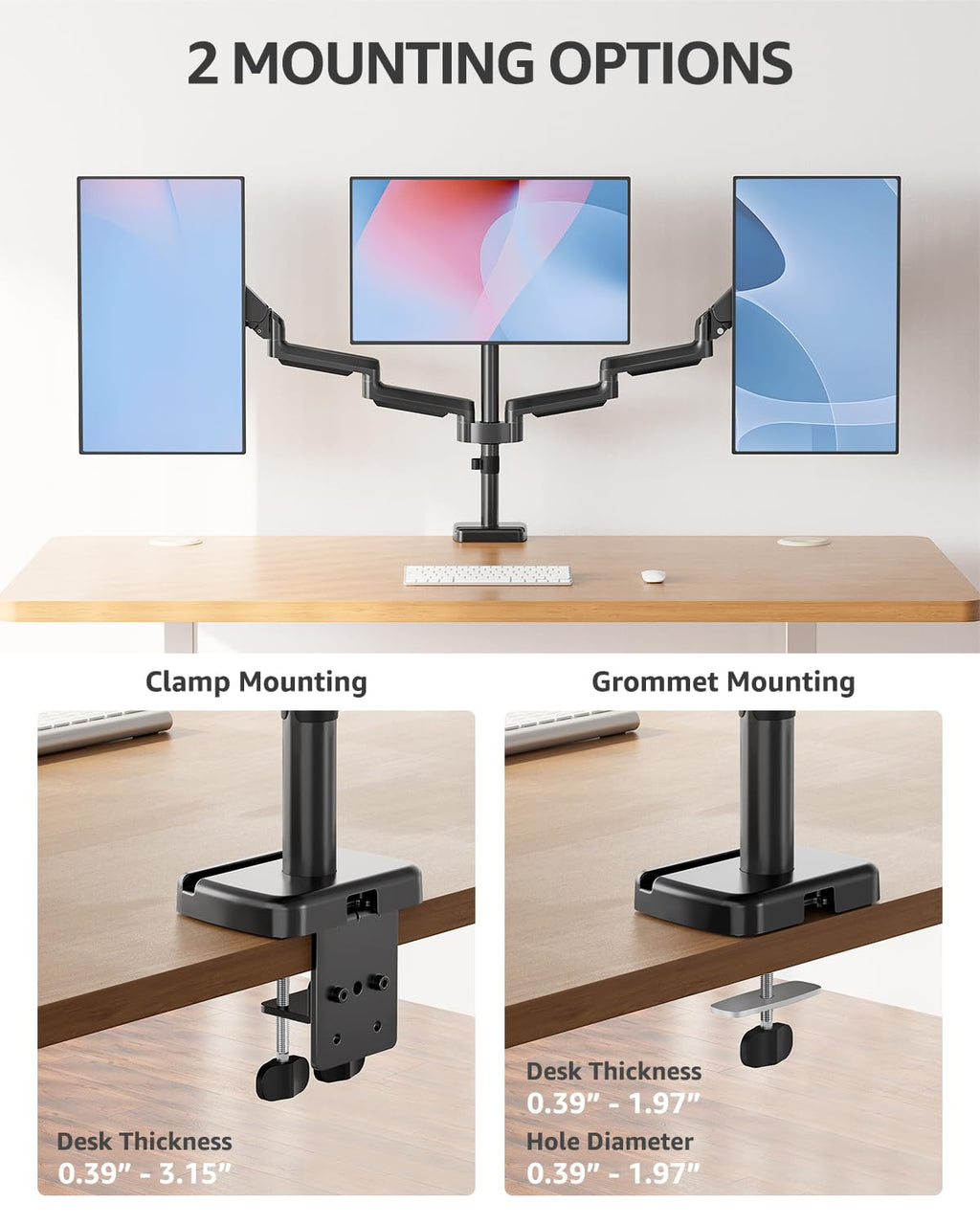 Triple Monitor Stand Mount - 3 Monitors Desk Mount for Computer Screens Up to 27 inch, Triple Monitor Arm, Heavy Duty Monitors Stand, Each Arm Holds 4.4-19.8 lbs, Black