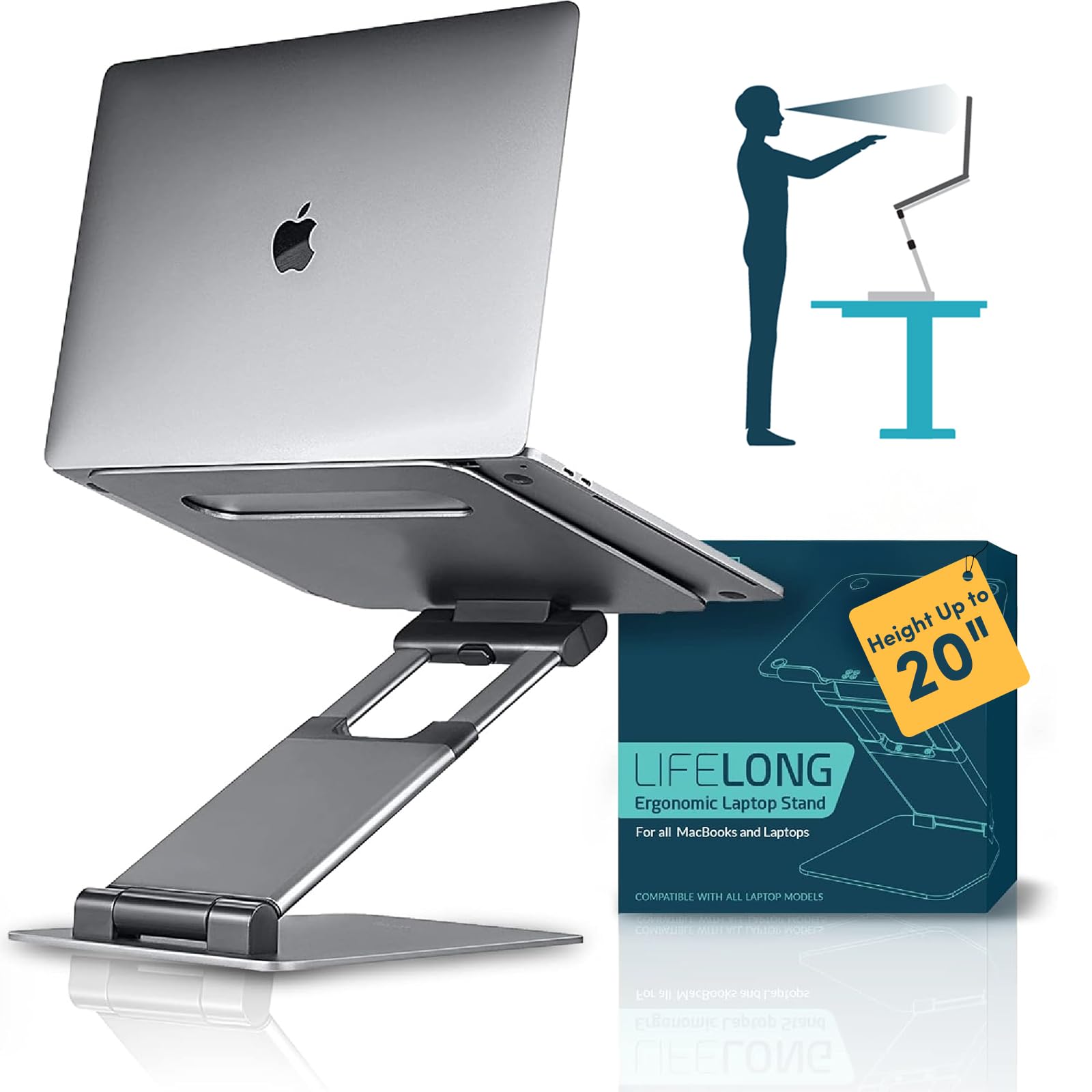 Ergonomic Adjustable Laptop Stand for Desk, Extra Tall 20” Height Aluminum Laptop Riser, Portable Foldable Computer Stand, Fits 10-17” Laptops for Office Meetings, Teamwork & Desk Setup
