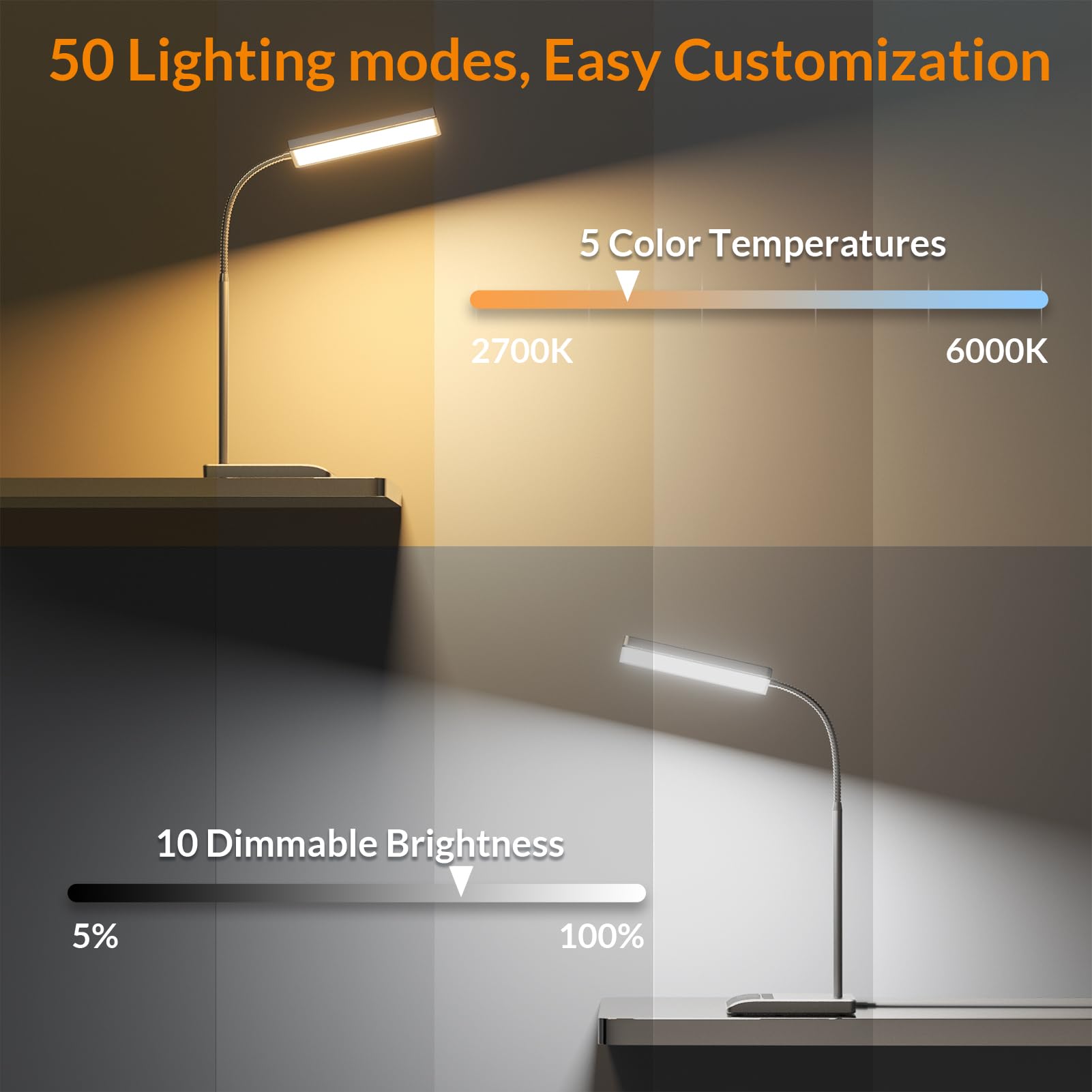 Desk Lamp, 800LM LED for Home Office, 12W Reading for Desk, Eye-Caring Light, Touch Table Gooseneck Lamp, 50 Lighting Modes, Bright for Bedroom, Study (Grey)