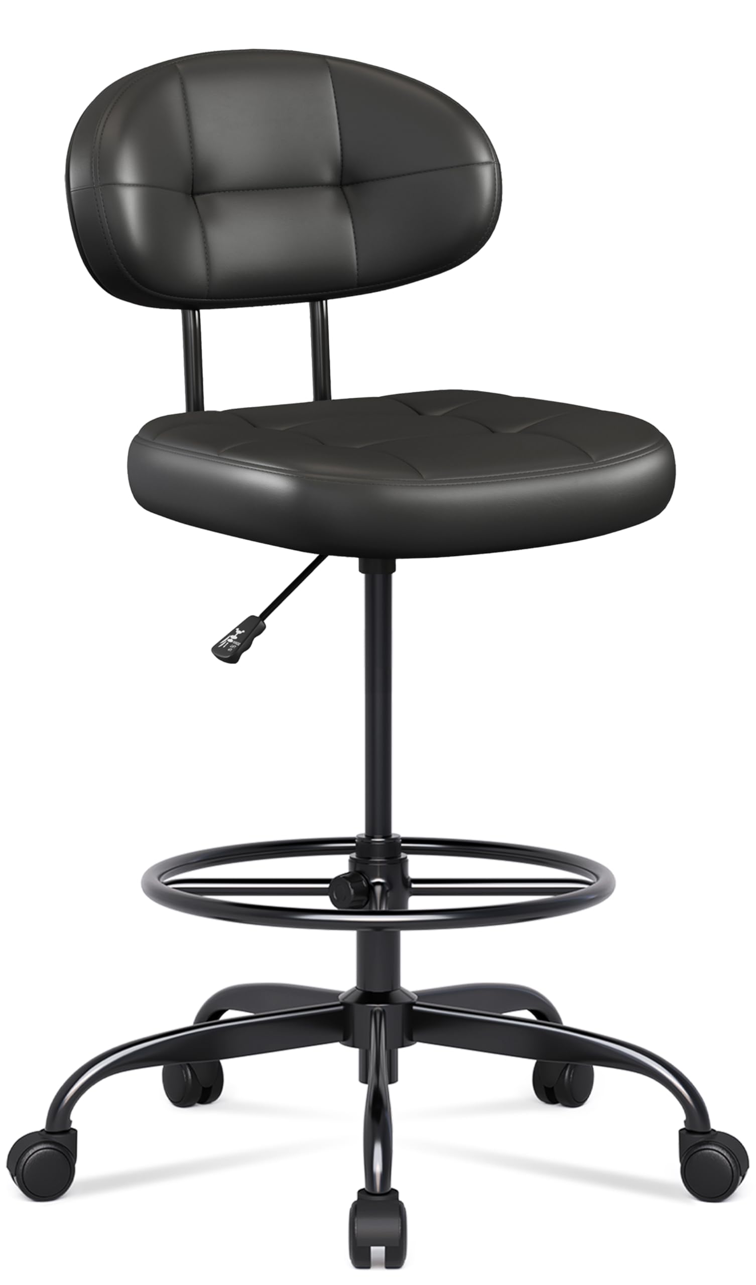 Drafting Chair Without Arms, Tall Office Chair with Footrest Ring for Standing Desk, Small Faux Leather Executive Office Chair with Adjustable Height for Bar Lab Counter Height Desk, Black