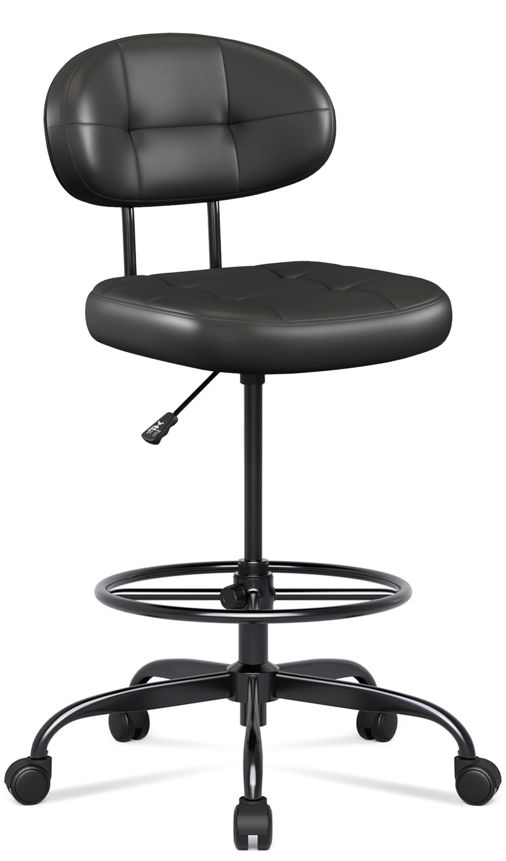 Drafting Chair Without Arms, Tall Office Chair with Footrest Ring for Standing Desk, Small Faux Leather Executive Office Chair with Adjustable Height for Bar Lab Counter Height Desk, Black