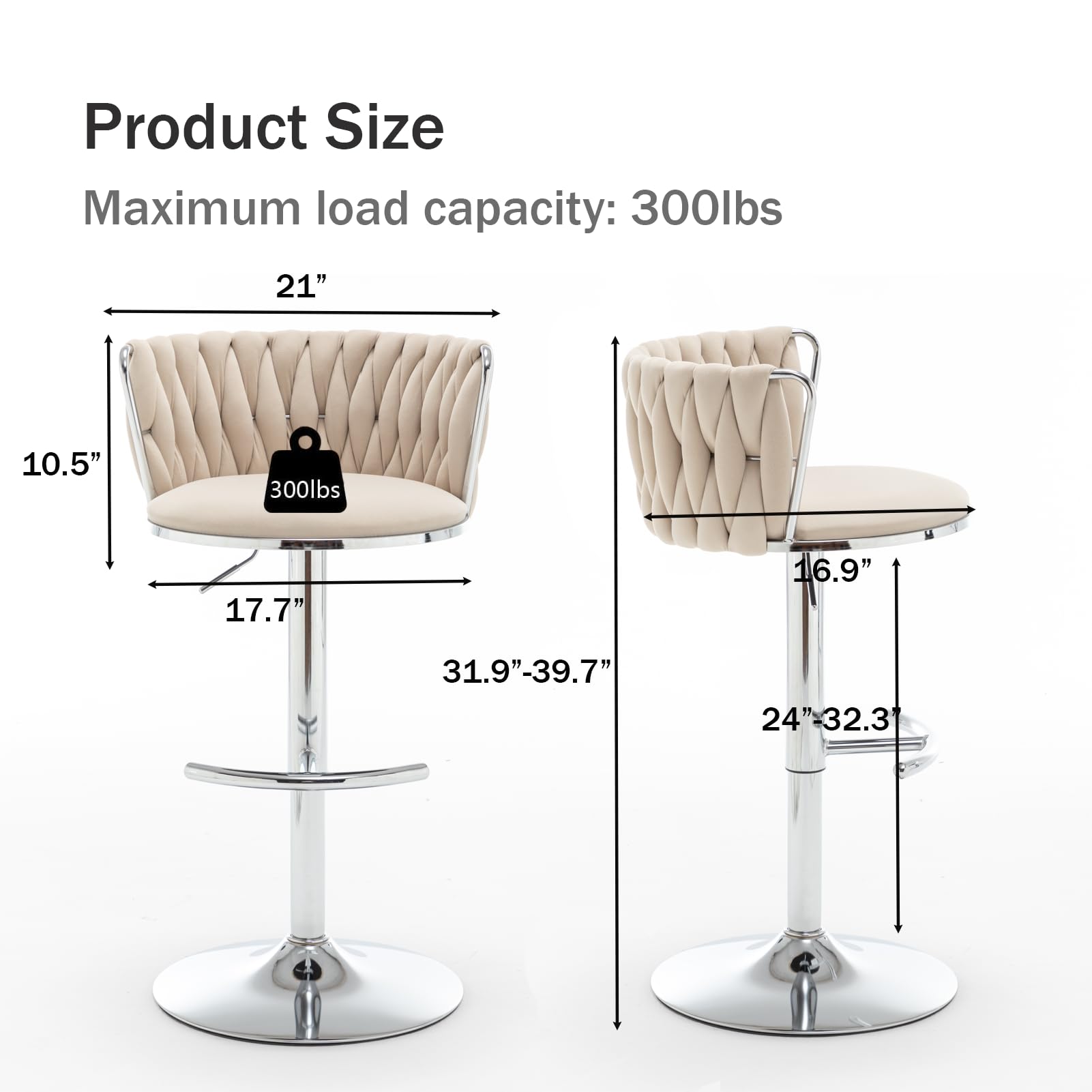 Velvet Bar Stools Set of 2, Swivel Counter Height Bar Stools with Back, Adjustable Woven Barstools for Kitchen Island, Pub, Club (Beige)