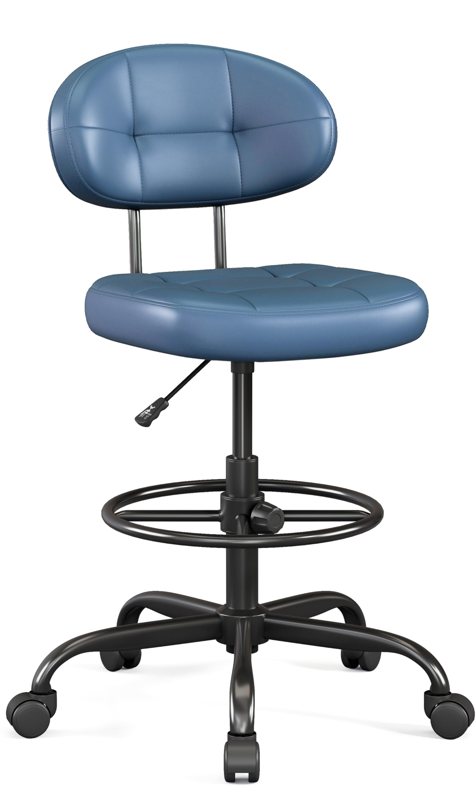 Drafting Chair Without Arms, Tall Office Chair with Footrest Ring for Standing Desk, Small Faux Leather Executive Chair with Adjustable Height for Bar Lab Counter Height Desk, Navy Blue
