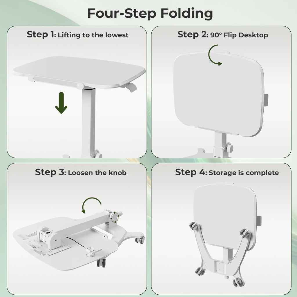 Foldable Mobile Standing Desk, 27"×21" Portable Rolling Laptop Cart with 90° Tiltable Board, Height Adjustable Workstation with Wheels, Folding Table for Home Office, White