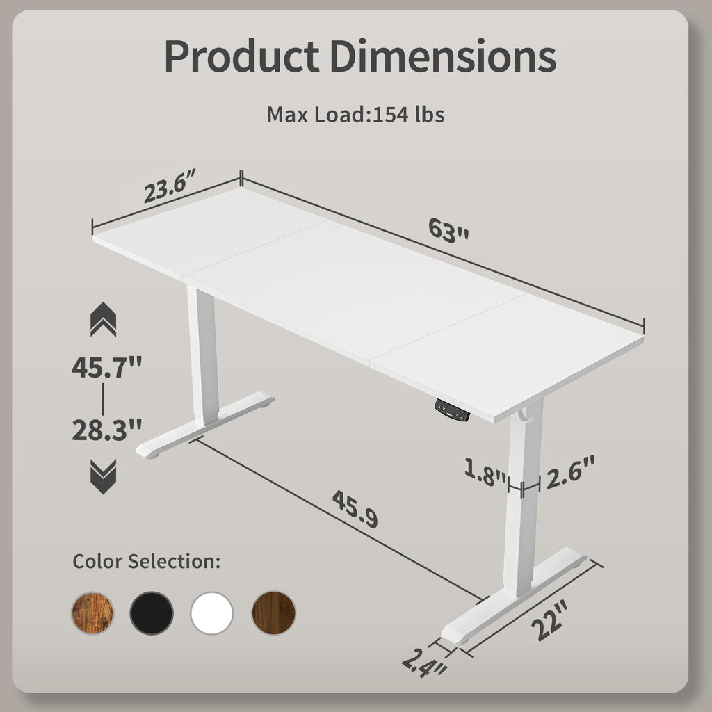 Electric Standing Desk, 63 x 24 Inches Height Adjustable Desk, Sit Stand up for Work Office Home, Ergonomic Rising Computer Table with Memory Preset, White