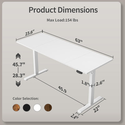 Electric Standing Desk, 63 x 24 Inches Height Adjustable Desk, Sit Stand up for Work Office Home, Ergonomic Rising Computer Table with Memory Preset, White