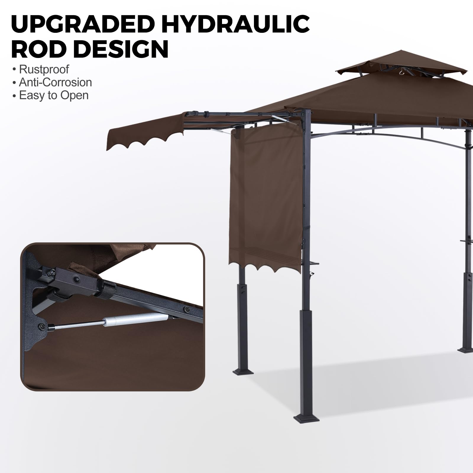 Grill Gazebo with 2 Side Awnings - 14x5 Outdoor BBQ Canopy Shelter with 2 Led Lights for Patio Backyard Grilling (Brown)