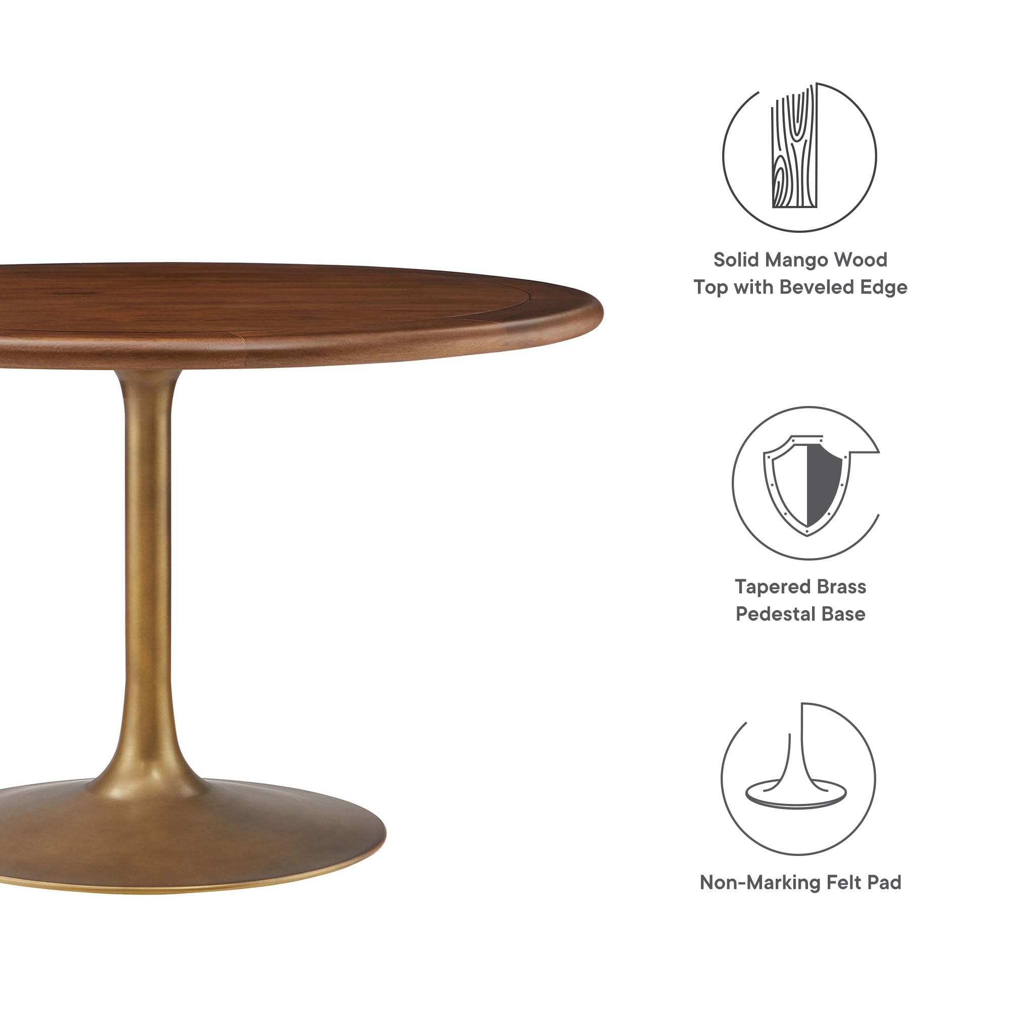 48 Inch Round Wood Dining Table with Metal Pedestal in Brass Walnut - Modern Industrial Dining Table for 4 People - Solid Wood Tulip Kitchen Table