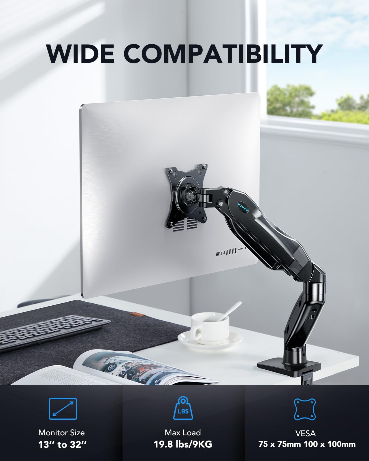 FlowLift™ Single Monitor Mount, 13 to 32 Inch Monitor Arm, Adjustable Monitor Stand, Vesa Mount with Clamp and Grommet Base - Fits 4.4 to 19.8lbs LCD Computer Monitors
