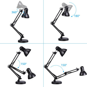 Metal Desk Lamp with Clamp, Swing Arm, Architect Adjustable Gooseneck Table Lamp, Clip Desk Lights for Home Office, Work, Study, Reading, E26 Base, Multi-Joint, Black
