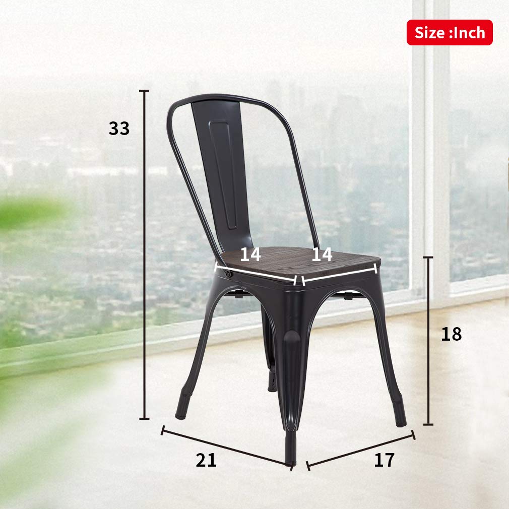 Set of 4 | Metal Dining Chairs with Wooden Seat | Black | Stackable Tolix Side Chairs with Backrest | Scratch-Resistant | Non-Slip Feet | Indoor/Outdoor Use | 330 lbs | for Dining & Kitchen