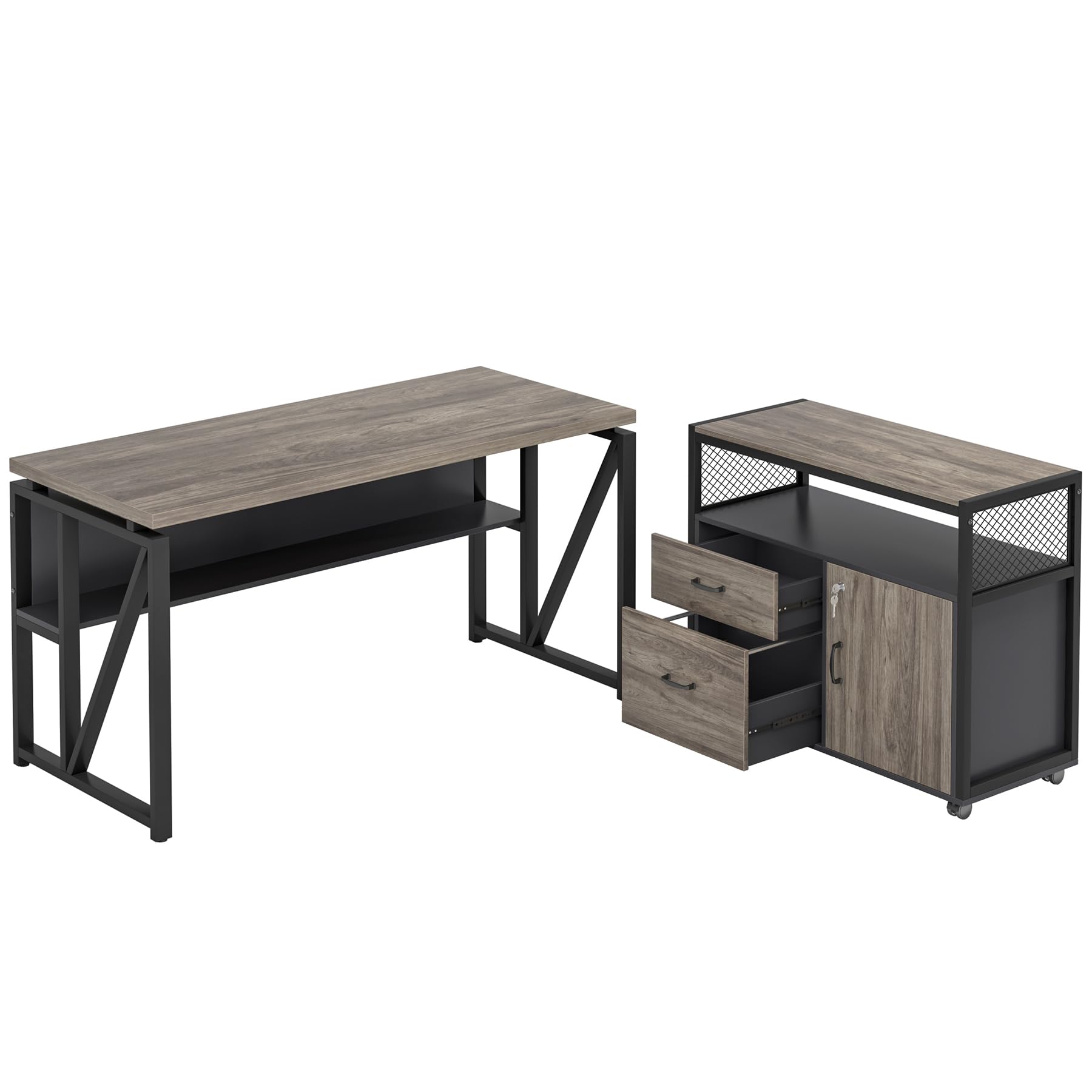L Shaped Desk with Drawer Cabinet, 55
