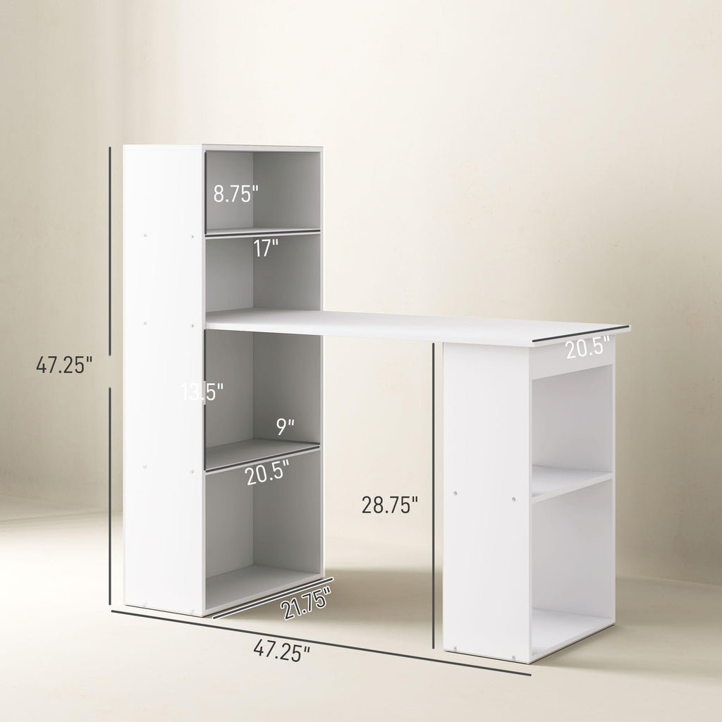 Modern Home Office Desk with 6-Tier Storage Shelves, 47" Writing Desk with Bookshelf, White