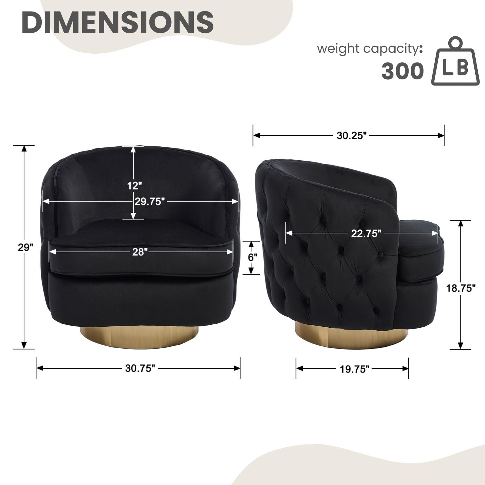 Black Swivel Barrel Accent Chair Set of 2, Modern Tufted Velvet Upholstered Round Arm Chair with Tall Backrest, Side Reading Seat for Living Room,Bedroom