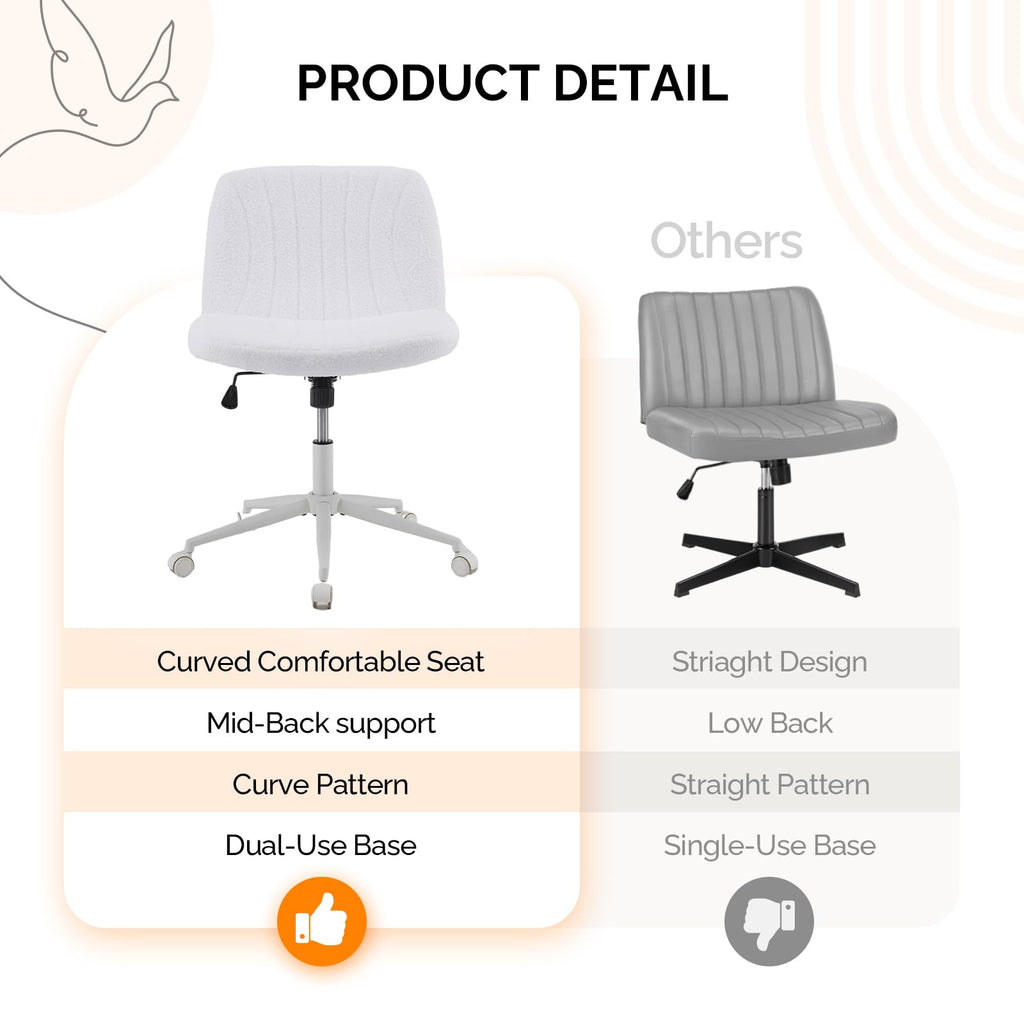 Criss Cross Legged Chair,Wide Comfy Office Desk Chair,Dual-Use with/no Wheels Computer Task Chair,Swivel Armless Vanity Boucle Chair for Study,Make Up,Home Office,Teddy Fleece,White
